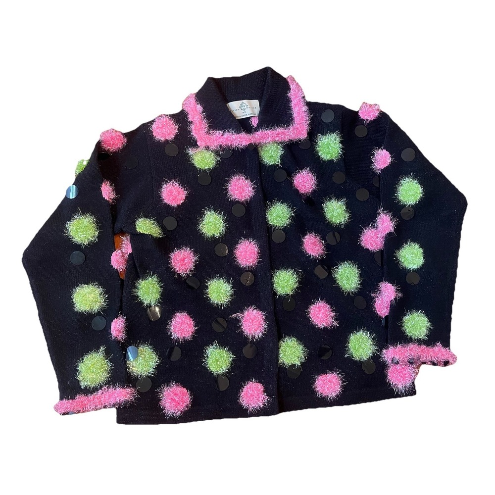 Design Options Philip & Jane‎ Gordon Pom Pom Cardigan Sweater Black Pink Medium